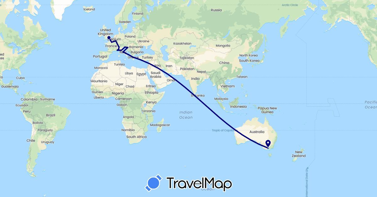 TravelMap itinerary: driving in Switzerland, France, United Kingdom, Greece, Italy, Luxembourg, Monaco, Slovenia (Europe)